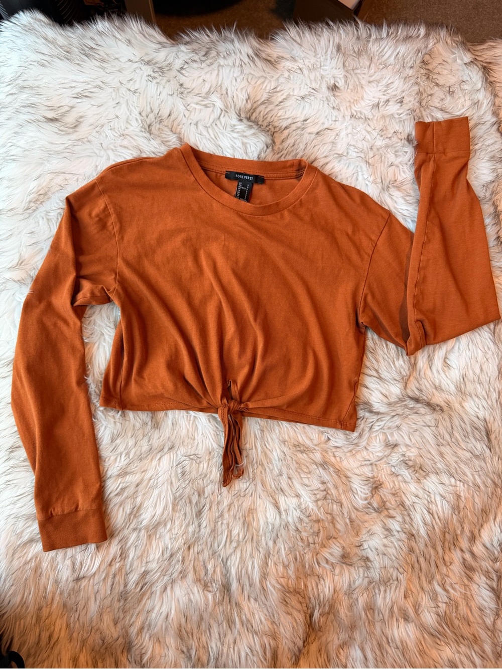 Forever 21 Tie-Front Long Sleeve Crop Top - Rust Orange
